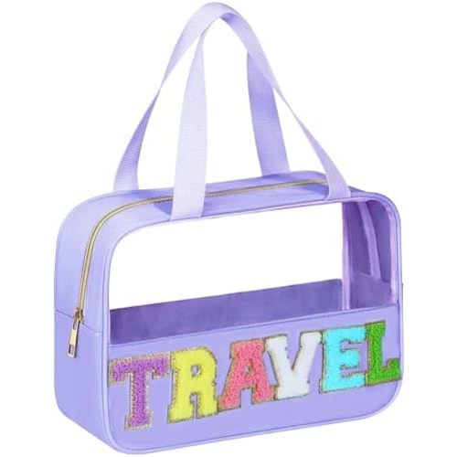 Chenille Letter Patch Clear Travel Bags, Preppy PVC&Nylon Makeup Bag with Handle and Zipper, Waterproof Large Clear Travel Toiletry Bag Storage Bag for Women Girls