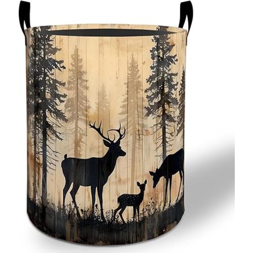Deer Laundry Basket Hamper 19.7"x15.8", Rustic Forest Elk Foldable Waterproof Oxford Clothes Storage Bucket for Room Bathroom Bedroom Nursery Decor, Toy Organizer Bins Gifts for Kids Boys Girls