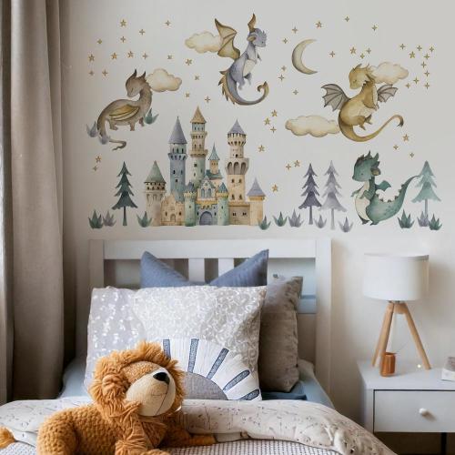 Fantasy Dragon Wall Decals for Kids Room, Castle Nursery Wall Stickers, Baby Room Fantasy Decor, Vinyl Dragon Decals, Fairy Tale Wall Art