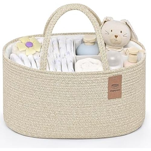 Baby Diaper Caddy Organizer, Cotton Rope Diaper Basket, Baby Basket for Changing Table, Nursery, Car, Changing Table Storage Bin With Removable Divider, Baby Shower Gifts for Newborn, Baby Essentials