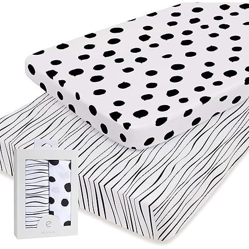 Pack n Play Playard Sheet | Portable Crib Sheet Set 2 Pack Black and White Abstract Stripes and Dots by Ely's & Co