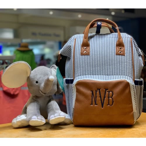 Monogrammed Seersucker Diaper Bag Backpack: Vegan Leather, Insulated Pockets, Multi functional