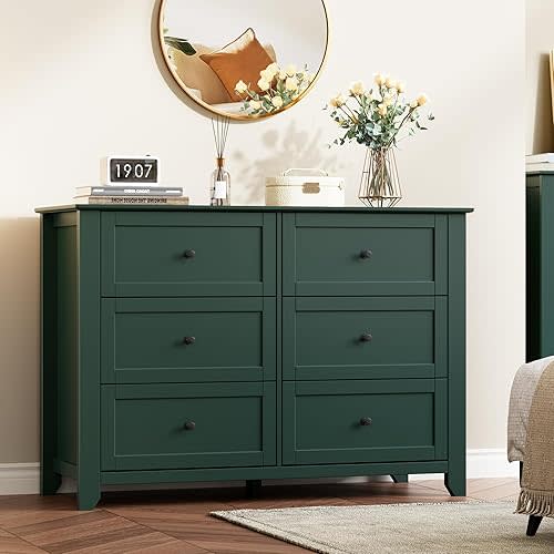 IDEALHOUSE Green 6 Drawer Dresser for Bedroom, Large Dresser with Deep Drawers & Metal Knobs, Modern Wooden Chests of Drawers for Entryway, Hallway