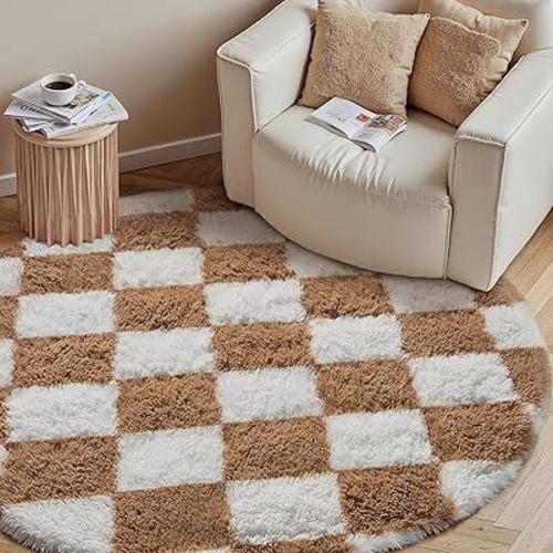 Checkered Rug 4x4 for Living Room, Beige and White Modern Shag Rug Super Soft Washable Indoor Fuzzy Carpet Non-Slip Fluffy Rugs for Bedroom Home Aesthetic Decor
