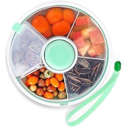 Proudy Portable Snack Spinner Bundle, Food Storage Container, Spinner Box with Rotating Storage, Reusable Kids Snack Container with 5 Compartment Dispenser and Lid, Spinner Box (Light Green)