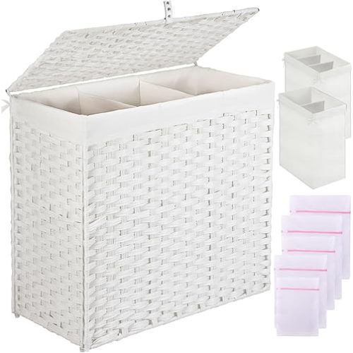 Greenstell Laundry Hamper with Lid, 125L Large Clothes Hamper with 3-Section and 2-Section Removable Liner Bags & 5 Mesh Laundry Bags, Handwoven Synthetic Rattan Divided Laundry Basket, White