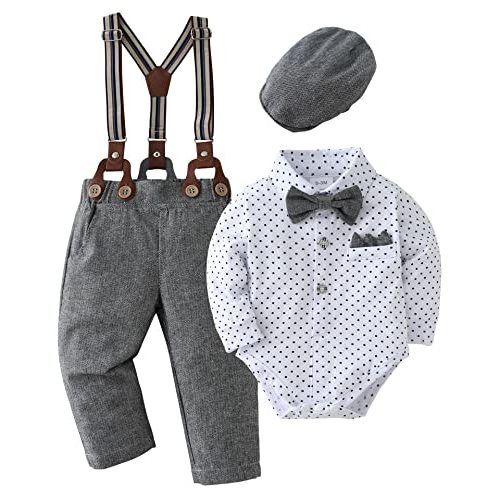 nilikastta Baby Boy Clothes Gentleman Outfits Suits, Infant Long Sleeve Shirts + Suspender Pants + Bowtie + Beret Hat 0-18M