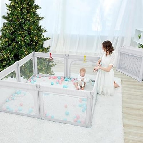 Light Grey Playpen for Babies and Toddlers, Foldable & Adjustable, 71x59x27 inches