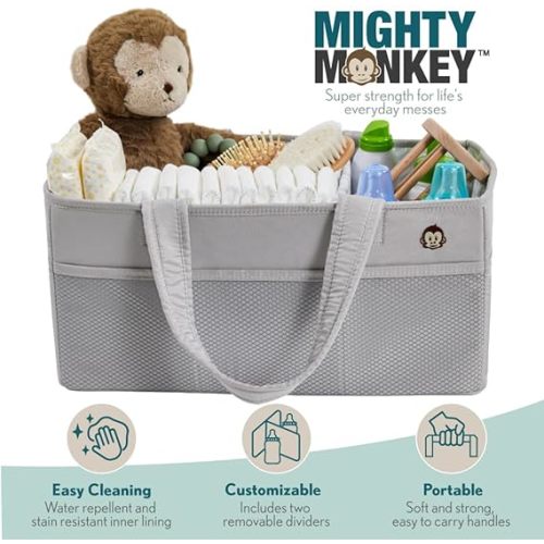MIGHTY MONKEY Oversized Stain Resistant Baby Diaper Caddy Organizer with Handle, Adjustable Mesh Storage Bin Compartments for Diapers, Baby Wipes, Newborn Changing Table Nursery Essentials, Gray - 15" x 10" x 7" - Gray/Gray