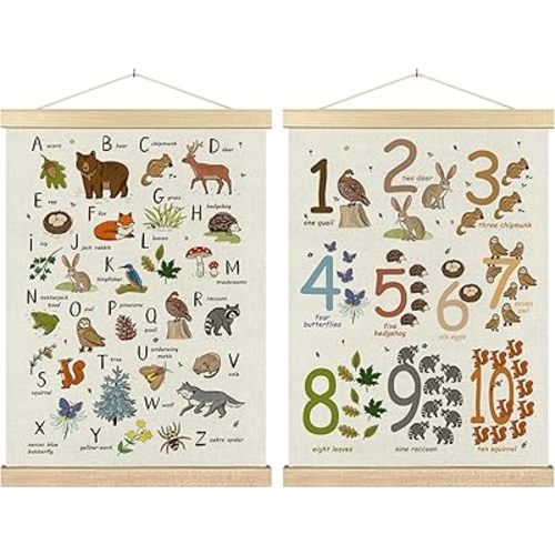BCUANGD Alphabet Educational Wall Decor - Neutral Woodland Animals Poster Hanger with Wood Frames Set of 2, Kids ABC Numbers Wall Hanging Canvas Decor for Home Playroom Kids Room, 12x16 Inches