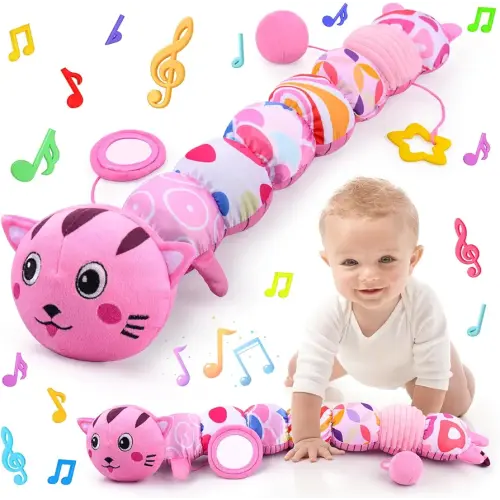 Infant Baby Toys 0 to 12 Months, Stuffed Animal Tummy Time Toys Sensory Toys with Crinkle Rattles Textures and Mirror Gifts for Newborn Boys Girls, Cat Caterpillar Musical Toys (Pink)