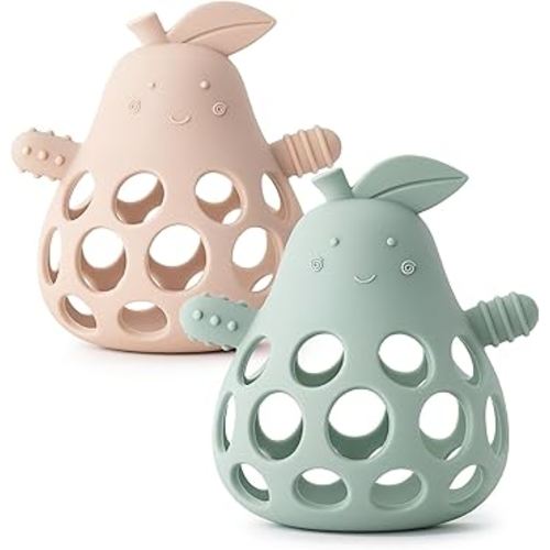 Baby Teething Toy Silicone Teether for Infants, Pear-Shaped Design with Easy-Grip Hole and Nipple-Shaped Ends for Gum Massage & Sensory Development, BPA-Free Safe Baby Chew Toy YIVEKO-Ivory+Sage