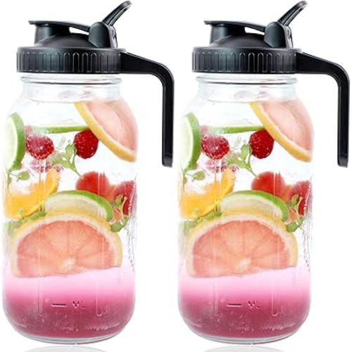 Mason Jar Pitcher Wide Mouth 64 Oz (2 Pack) Glass Pitcher With Pour Spout Lid 2 Quart Airtight Leakproof Water Pitcher With Handle And Flip Cap Lid For Iced Beverages, Iced Coffee, Milk, Lemonade