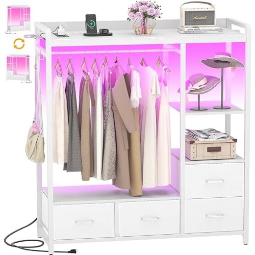 Cyclysio Dresser with Hanging Rack, 4 Drawers Dresser for Bedroom with Power Outlet and LED Lights, Cute Dressers with Storage Shelf for Bedroom Living Room, White