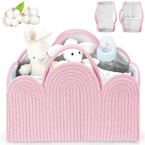 Diaper Basket Organizer - Cotton Pink Diaper Caddy Basket, Removable Diaper Storage Basket with Handle, Car Diaper Caddy, Boy & Girl Gift for Baby Shower and Registry Must-Have