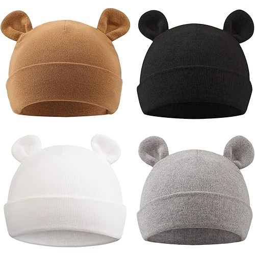 PEECABE Cotton Newborn Hospital Baby Hats 0-6 Months Infant Boy Girl Beanie Bear Ear Hat Set