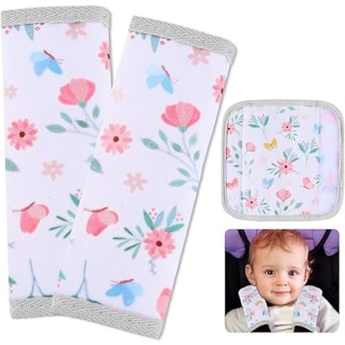Seat Belt Cover Pad for Baby, Soft Seatbelt Cushion Covers for Kids 2Pcs Car Seat Strap Shoulder Pads for All Car Seats, Stroller, High Chair,White Flower