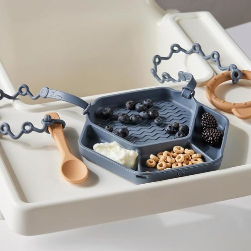 The Original All-in-one Suction Plates + Safety Toy Straps - Silicone Suction Plates for Toddlers + Baby - First Foods + Self-Feeding. Comes with 2 straps (Tradewinds)