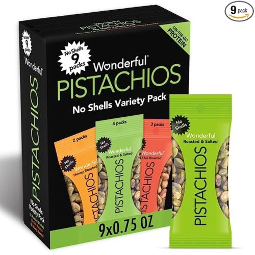 Wonderful Pistachios No Shells, Pack of 9, Roasted & Salted Nuts (4), Chili (3), Honey (2)