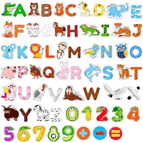 JoyCat Wooden Kids Magnets – 26 Cute Animals, Alphabet Uppercase Letters, and 0-9 Numbers, Fridge Magnets for Toddlers, Fun Educational Spelling Learning Gift for Toddlers & Kids