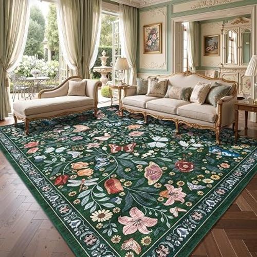 Dark Green Area Rugs 5x7 for Living Room Low-Pile Non Slip Washable Insect Bug Butterfly Funky Soft Indoor Carpet with Rubber Backing for Bedroom Nursery Dining Room Office Kitchen Bathroom