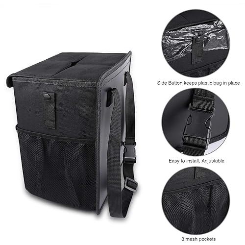 PowerTiger CAR ACCESSORIES Hanging Car Trash Can Bin - Car Garbage Cans Bag with Lid & 3 Mesh Storage Pockets 2.64 Gallon