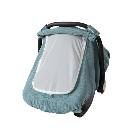Muslin Cotton Baby Car Seat Cover for Boys and Girls, Summer Baby Car Seat Covers Infant Car Seat Canopy with Breathable Mesh Window Windproof Carseat Cover for Babies (Green)