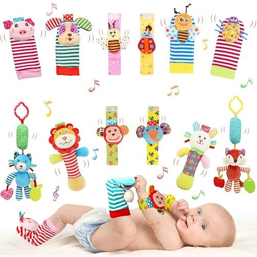 Wrist Rattles Foot Finder Rattle Sock Baby Toy, Hanging Rattle Toy, Arm Hand Bracelet Rattle, Feet Leg Ankle Socks, Activity Rattle Present Gift for Newborn Infant Babies Boy Girl Bebe (12 D)