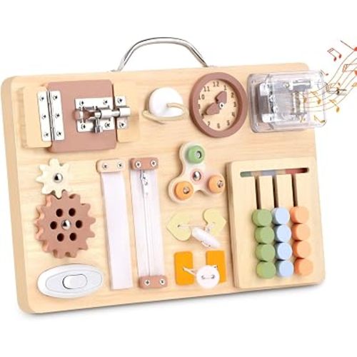 Hoarosall Montessori Busy Board for Toddlers 16-in-1 Wooden Sensory Activity Board with Music Box Fine Motor Skills Learning Toy Preschool Educational Travel Gift for Boys Girls Ages 1-3