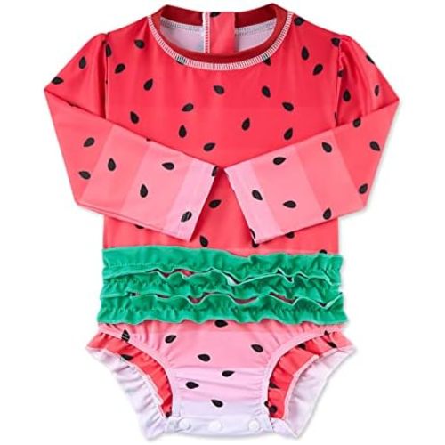 ADUKIDE Baby Girls Rash Guard Swimsuit Long Sleeve Ruffles Swimwear with Zipper UPF 50+ One Piece Beachwear Size 3-24 Months