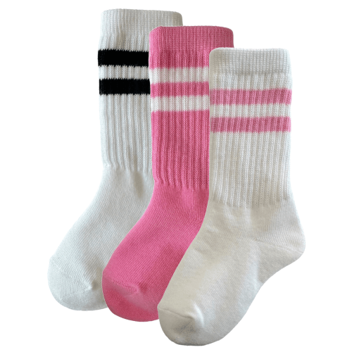 3-Pack Tube Socks, White/Black/Carnation Stripe