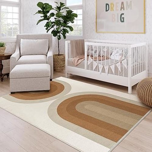 Lahome Boho Rainbow Woven Rugs for Bedroom, Ultra-Thin Area Rugs 4x6 for Living Room for Classroom, Cotton Reversible Soft Carpet for Playroom Nursery (4'x 6', Khaki)