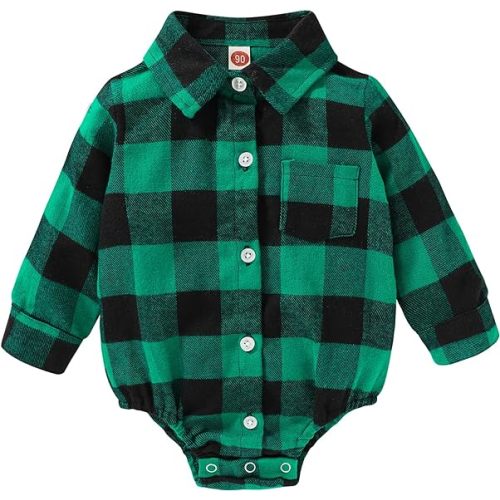 HAPPYMA Newborn Baby Boy Girls Plaid Outfit Flannel Romper Tops Infant Long Sleeve Button Down Plaid Casual Bodysuit Clothes