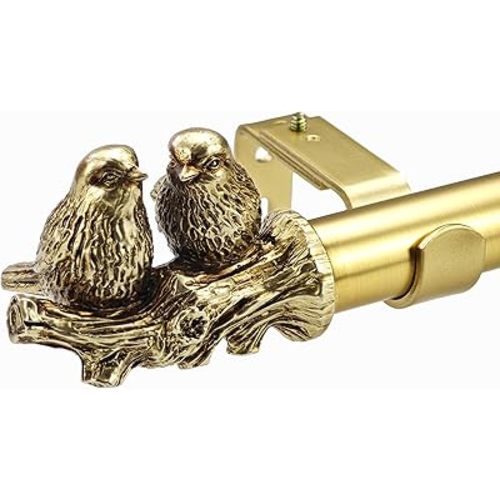 1 Inch Single Curtain Rods 72 to 144 Inches Adjustable Drapery Rods for Window width 68 to 140 Inches, Twin Birds on Twig Finials, Brushed Gold