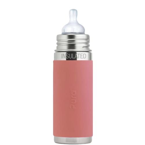 Pura Kiki 9oz/260ml Stainless Steel Insulated Anti-Colic Infant Bottle w/Silicone Medium-Flow Nipple & Sleeve, 100% Plastic-Free, MadeSafe Certified, for Kids, Toddlers, Babies & Infant - Rose
