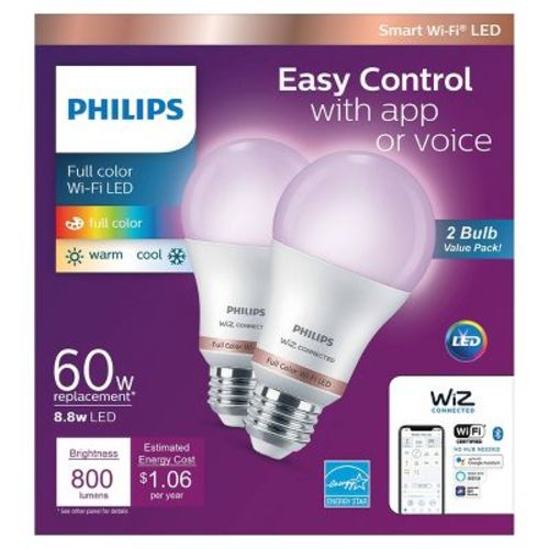 Philips 2pk 8.8w Smart Led Wi-fi And Bluetooth A19 Color