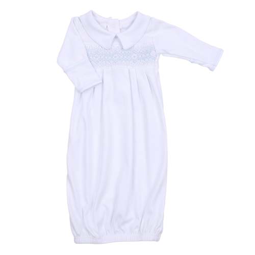 Ava & Archie White with Blue Smocked Collared Pleated Gown