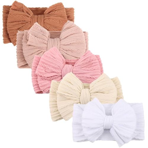 DRESHOW BQUBO Handmade Baby Headbands Soft & Stretchy Hair Bands with Bows Nylon Bows Hairbands for Girls Newborn Infant Toddlers Hair Accessories 5 pack