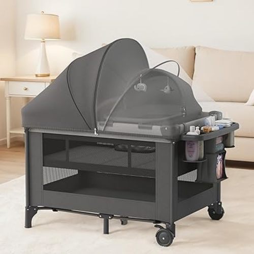 4-in-1 Baby Bassinet with Playard, Napper Bassinet, Changing Table, Mosquito Net & Canopy, Storage and Toys for Newborn to Toddler