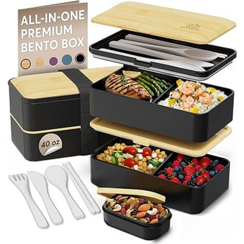 Umami Bento Box Adult All-In-1 w/4 Utensils, Big Sauce Jars, 2 Dividers, 100% Leakproof, Microwave & Dishwasher Safe, Stackable Bento Lunch Box Containers for Men/Women, Black & Bamboo, 40 oz