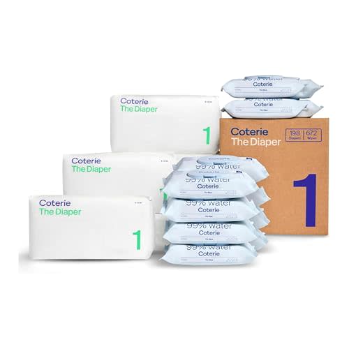 Coterie Baby Wipes + Diapers Kit, Size 1 Diapers (198 Count) & 12 Pack (672 Count) Baby Wipes with 99% Water, Plant Based Materials, Hypoallergenic for Sensitive Skin