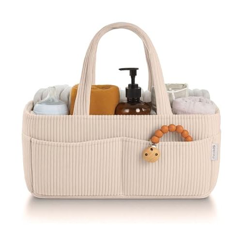 PUTSKA Baby Diaper Caddy Organizer for Changing Table – Stylish Nursery Storage Basket, Newborn Essentials, Baby Shower Gifts and Registry Must-Haves for Boy or Girl, Car Diaper Caddy, Corduroy Cream