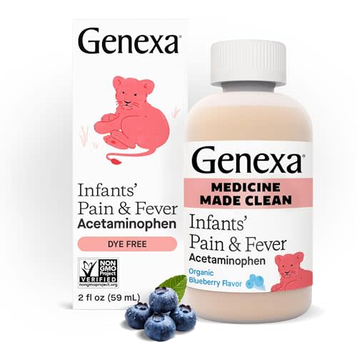 Genexa Infants' Clean Acetaminophen | Pain Reliever & Fever Reducer | Dye Free, 0% Artificial Additives | Baby Sick Essentials & Infant Medicine | Delicious Organic Blueberry Flavor, 2 fl oz
