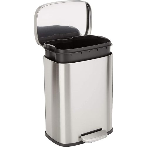 Amazon Basics Smudge Resistant Small Rectangular Trash Can With Soft-Close Foot Pedal, Brushed Stainless Steel, 12 Liter/3.1 Gallon, Satin Nickel Finish, 11.3"L x 9.9"W x 15.1"H