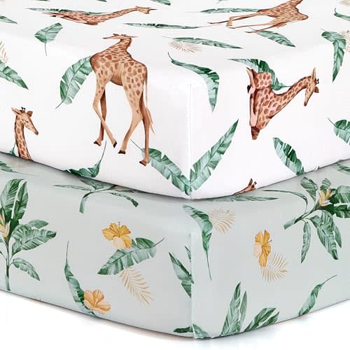 BROLEX 2 Pack Mini Crib Sheets, Stretchy Portable Fitted Playard Sheet Set, Convertible Playard Mattress Cover, Ultra Soft Breathable Material, Giraffe Leaf