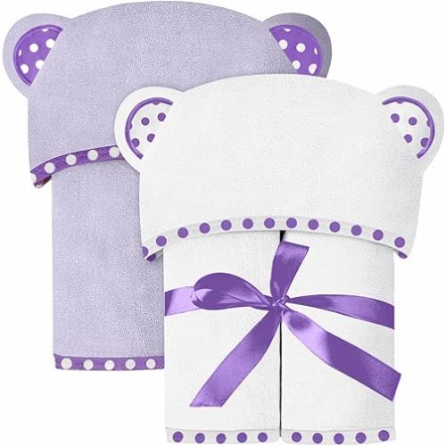 Set of 2 Hooded Baby Towels – White and Purple – Luxurious, Large and Super Absorbent – 30 x 30 Inch – Soft and Suitable for Infants, Toddlers and Kids – 400 GSM