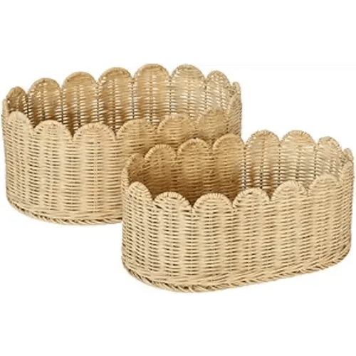 BEBE BASK Premium Scalloped Basket Set Of 2 - Scallop Basket - 16 x 10 x 7 Inch - Hand-Woven Elegant Wicker With Scalloped Edge - Nursery Storage (Natural)