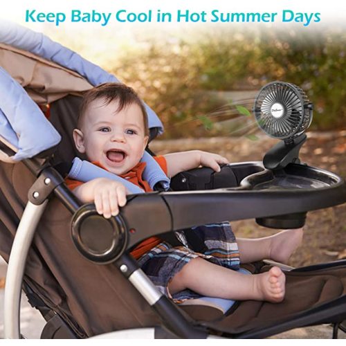 SkyGenius Battery Operated Stroller Fan, Rechargeable USB Powered Mini Clip on Desk Fan - Black