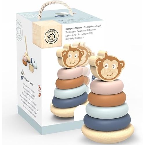 SPEEDY MONKEY Roly Poly Stacker Toy for Toddlers | Wooden Stacking Toy for Baby Boys & Girls | FSC-Certified Wobble Base with Colorful Rings for Fine Motor Skills | Sensory Learning Gift for Kids 1-5