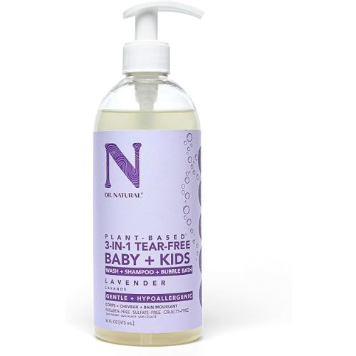 Dr. Natural 3-in-1 Tear-Free Baby Plus Kids Soap, Lavender, 16 oz - Plant-Based Baby Shampoo and Body Wash - Sulfate and Paraben-Free - Hypoallergenic for Sensitive Skin - Infused with Essential Oils